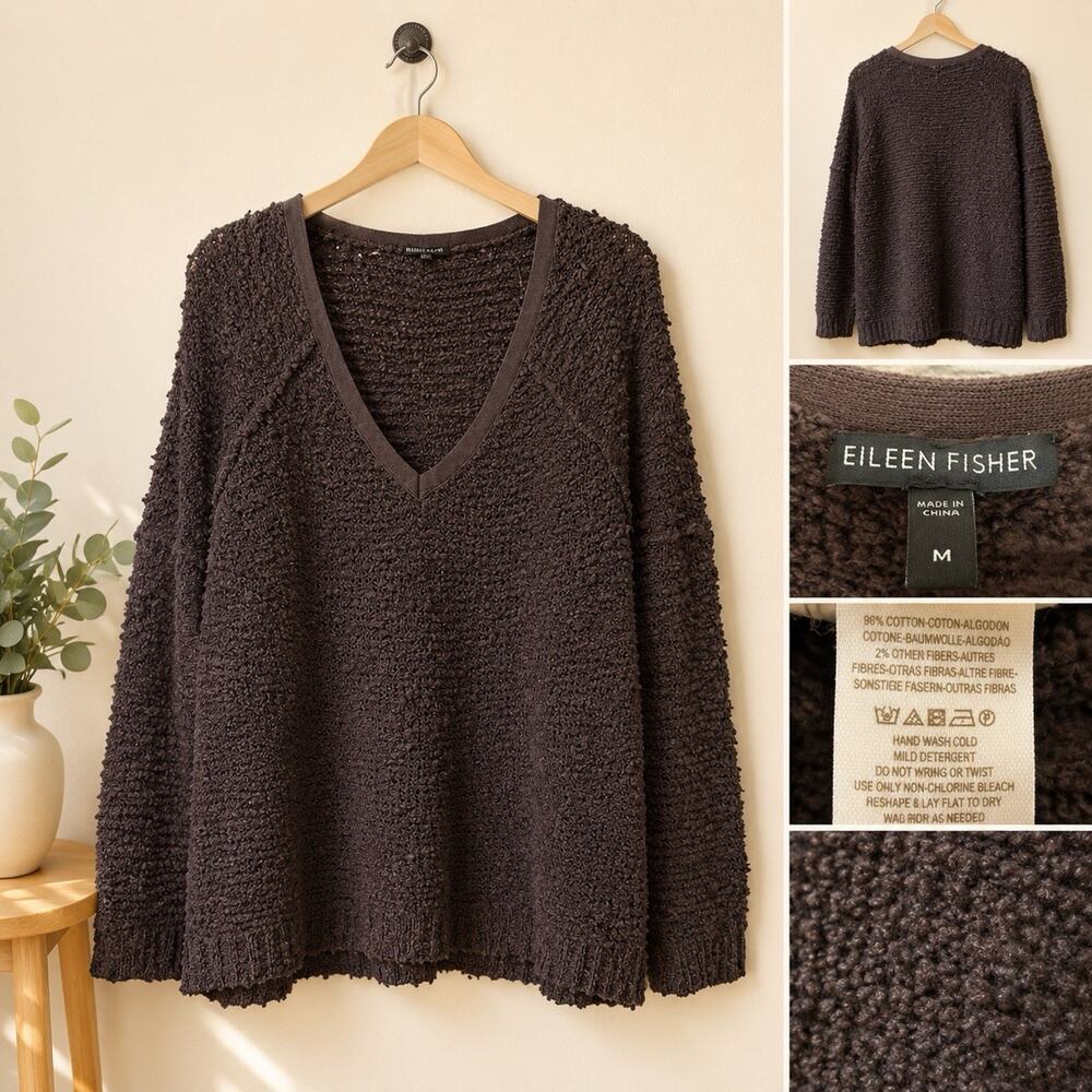 Eileen Fisher Women’s M Deep Brown 100% Cotton Nubby V-Neck Oversized Sweater